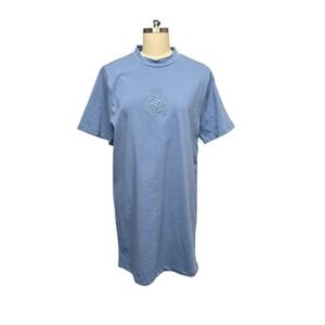 Stussy T-Shirt Dress Womens Large Dusty Blue Pause Mock Neck Crest Cotton 214307